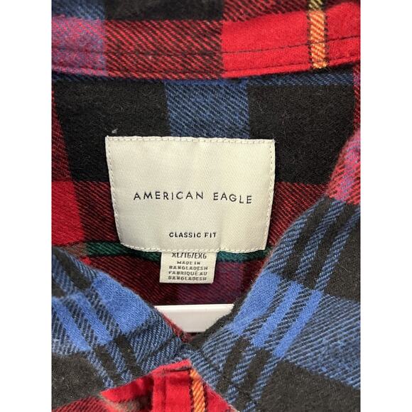 American Eagle Flannel Shirt Men Size XL Red‎ Blue Plaid Classic Fit Button Up - Picture 3 of 6